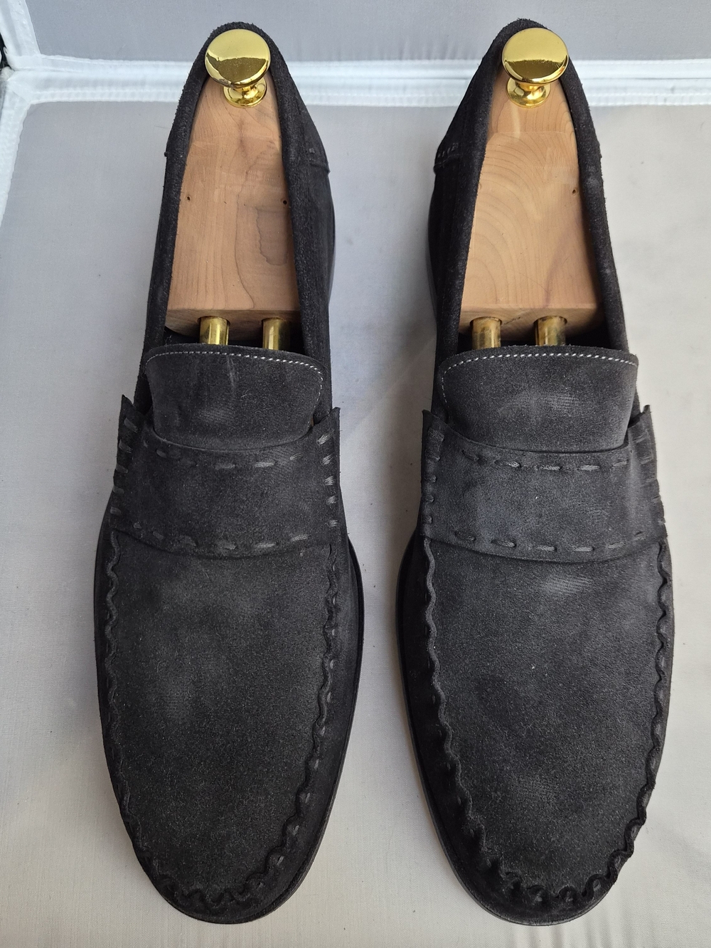 Santoni Hand Made Suede Penny Loafers Grey Moccasins